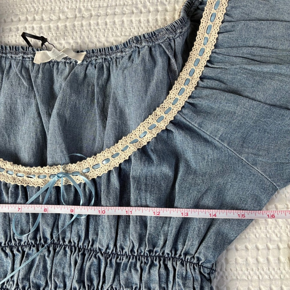 NWT Klesis Top Ruched Blue Denim Ribbon Crochet Trim Women M Coastal Cowgirl - Picture 10 of 11
